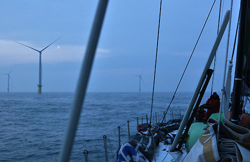 Sailing past wind farms onboard Green Dragon during leg 8 Galway to Marstrand. Photo copyright Huang Jian / Green Dragon Racing / Volvo Ocean Race.