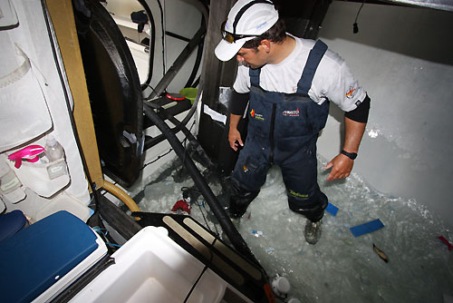 Telefonica Blue, skippered by Bouwe Bekking (NED) take on water after running aground at the start of leg 9 from Marstrand to Stockholm. Photo copyright Gabriele Olivo / Telefonica Blue / Volvo Ocean Race.