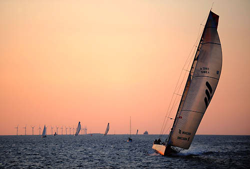 Ericsson 4 at dawn, as the fleet pass the Orsund Bridge on the way to Stockholm. Photo copyright Rick Tomlinson / Volvo Ocean Race.