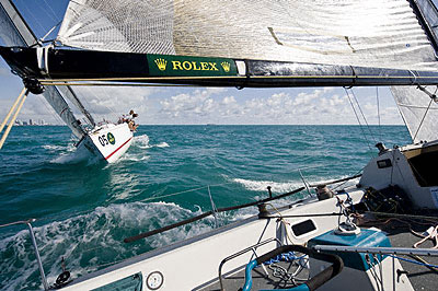 Onboard Deneen Demourkas' Groovederci 57 (USA), crossing tacks with Wolfgang Schaefer's Struntje Light (GER).