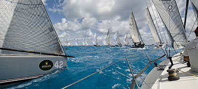 Onboard Deneen Demourkas' Groovederci 57 (USA), with Henrik Jansen's Silver Bullet to port.