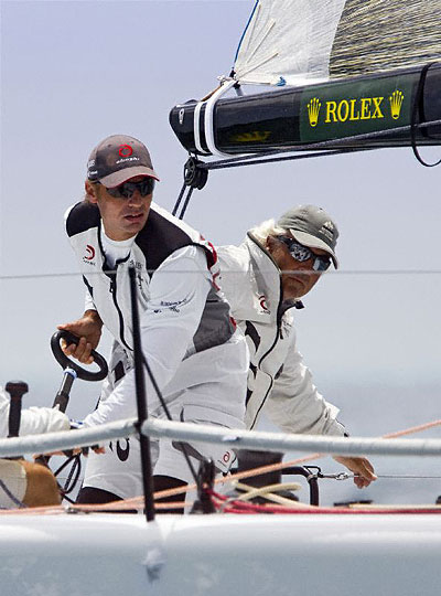 Skipper Ernesto Bertarelli and tactician Brad Butterworth sort it out on Alinghi (SUI), fifth overall after day two. Photo copyright ROLEX Daniel Forster.