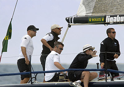 Vincenzo Onorato at the helm of Mascalzone Latino (ITA), with tactician John Kostecki behind. Photo copyright ROLEX Daniel Forster.