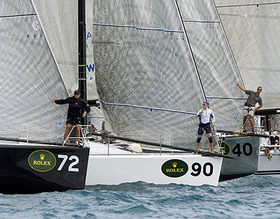 Bowmen on Massimo Mezzaroma and Antonio Sodo Migliori's Nerone (ITA), the U.S. Merchant Marine Academy's Nimbus Blue (USA) and Carlo Alberni's Calvi Networks (ITA) at the starting line. Photo copyright ROLEX Daniel Forster