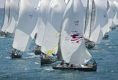 Peter de Ridder's Mean Machine (MON) ahead of Giovanni Maspero's Joe Fly (ITA) and Vincenzo Onorato's Mascalzone Latino (ITA). Photo copyright ROLEX Daniel Forster.