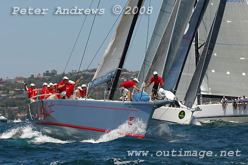 Bob Oatley's Wild Oats X skippered by Iain Murray at the top mark on Sydney Harbour with Alan Briety's brand new Reichel Pugh 62 Limit (centre) and Stephen Ainsworth�s brand new Reichel Pugh 63 Loki (right), during the SOLAS Big Boat Challenge 2008. Photo copyright Peter Andrews.