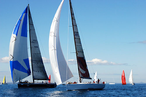 Peter Harburg&rsquo;s Reichel Pugh 66 Black Jack, ahead of Ray Roberts&rsquo; Evolution Sails, just after the start of the Club Marine Brisbane to Keppel Tropical Yacht Race 2009. Photo copyright Suellen Hurling.