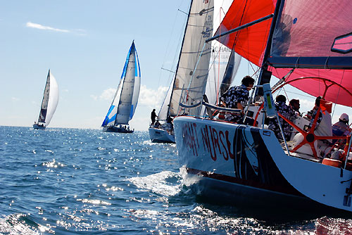 Russell McCart's Farr 40 Night Nurse chasing Peter Sherwood's Farr 40 Bribie Star, Peter Harburg&rsquo;s Reichel Pugh 66 Black Jack, and Ray Roberts&rsquo; Evolution Sails, just after the start of the Club Marine Brisbane to Keppel Tropical Yacht Race 2009. Photo copyright Suellen Hurling.