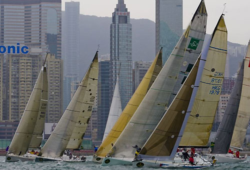 IRC Racing Division fleet start of the 2008 Rolex China Sea Race with Hong Kong skyline in the background. Photo copyright Rolex, Carlo Borlenghi.