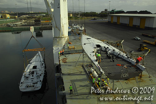 Niklas Zennstr&ouml;m&rsquo;s handicap favourite for 2010, R&aacute;n, still onboard a ship last year in Port Kembla Harbour, prior to unloading for the Rolex Sydney Hobart 2009. Photo copyright Peter Andrews, Outimage Australia.