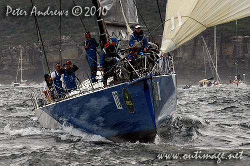 Grant Wharington&rsquo;s Melbourne 98 footer Wild Thing, outside the heads after the start of the 2010 Rolex Sydney Hobart Yacht Race. Photo copyright Peter Andrews, Outimage Australia.