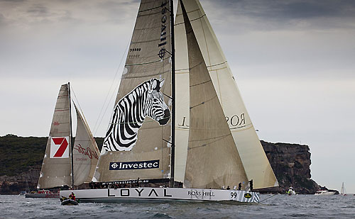 Investec Loyal and Wild Oats XI off North Head, after the start of the Rolex Sydney Hobart 2010. Photo copyright Rolex and Daniel Forster.