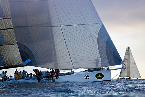 Alan Brierty's Reichel-Pugh 62 Limit and Stephen Ainsworth's Reichel Pugh 63 Loki meet, near the Organ Pipes during the Rolex Sydney Hobart 2010. Photo copyright Rolex and Daniel Forster.