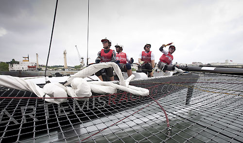 Artemis Racing crew onboard on day 3 of Act 3, Instanbul, during the Extreme Sailing Series 2011, Istanbul, Turkey. Photo copyright Lloyd Images. 