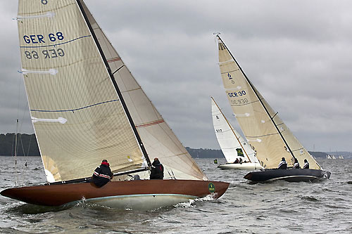 Oliver Berking's 6mR Lillevi (1938, GER&nbsp;68) from Flensburg, Germany, and Thomas Kuhmann's 6mR Mena (1946, GER&nbsp;30) from Munich, Germany, during the 2011 Rolex Baltic Week. Photo copyright Rolex and Daniel Forster.