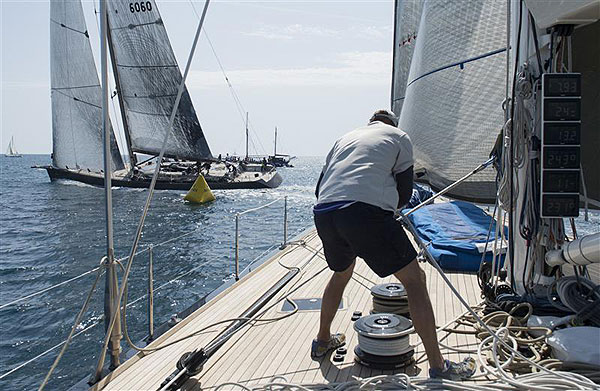 Claus-Peter Offen's Wally 100 Maxi Y3K (GER) ahead of Filip Balcaen�s 112-ft Supermaxi Nilaya (BEL), during windward-leeward race leading up to the the Rolex Volcano Race 2012. Photo copyright Kurt Arrigo for Rolex.
