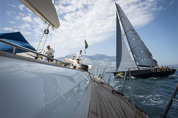 Sir Peter Ogden�s 60-foot Mini Maxi Jethou (GBR), crosses in front of Filip Balcaen�s 112-ft Supermaxi Nilaya (BEL), during windward-leeward race leading up to the the Rolex Volcano Race 2012. Photo copyright Kurt Arrigo for Rolex.