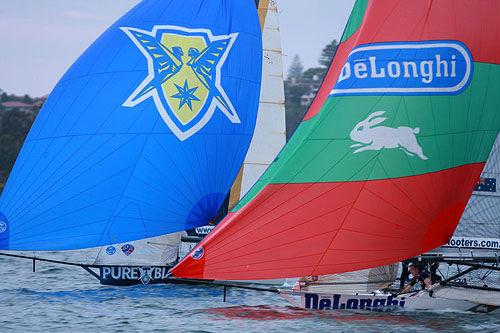 Pure Blonde had led from the first windward mark, but lost the lead on the final leg of the course to finish 16 seconds behind De&rsquo;Longhi-Rabbitohs, for the Twilight Race on Sydney Harbour. Photo copyright Australian 18 Footers League.