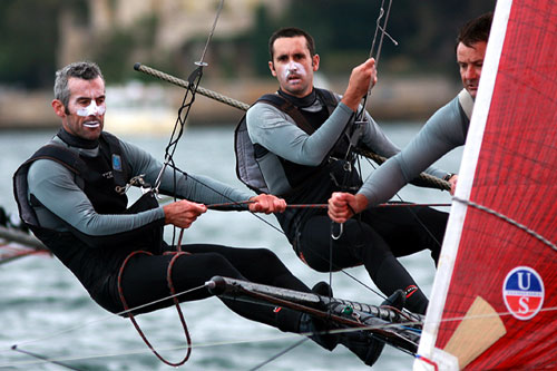The Smeg crew of Nick Press, Dan Phillips and Dave Ewings continue to show consistent form, during the The George Calligeros Trophy Race, Race 1 of the Winning Appliances - JJ Giltinan 18ft Skiff Championship on Sydney Harbour, Saturday March 5. Photo copyright Australian 18 Footers League.