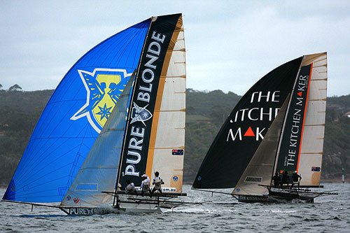Pure Blonde and the Kitchen Maker on a spinnaker run, during the The George Calligeros Trophy Race, Race 1 of the Winning Appliances - JJ Giltinan 18ft Skiff Championship on Sydney Harbour, Saturday March 5. Photo copyright Australian 18 Footers League.