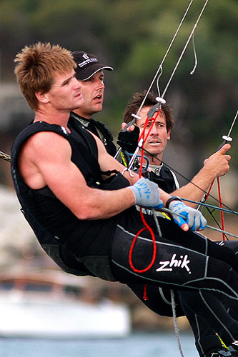 The winning crew makes it look too easy, during Race 4 of the Winning Appliances - JJ Giltinan 18ft Skiff Championship on Sydney Harbour, Wednesday March 9, 2011. Photo copyright Australian 18 Footers League.