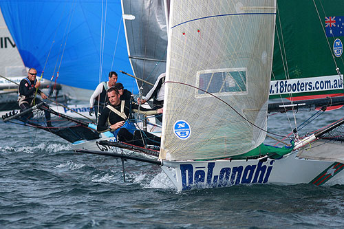 Simon Nearn&rsquo;s De&rsquo;Longhi-Rabbitohs approaching the bottom mark, during Race 6 of the Winning Appliances - JJ Giltinan 18ft Skiff Championship on Sydney Harbour, Saturday March 12, 2011. Photo copyright Australian 18 Footers League.