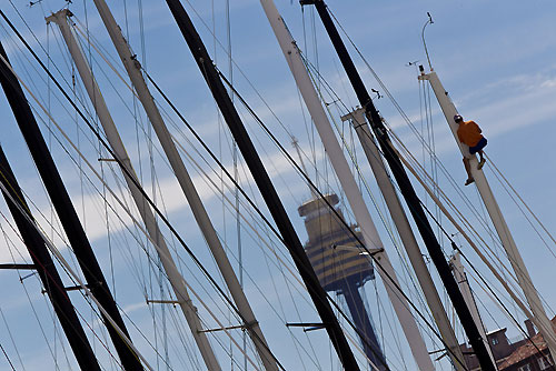 The Sydney Tower between the masts at Rushcutters Bay and the docks of the Cruising Yacht Club of Australia, ahead of the start of the Rolex Sydney Hobart 2010. Photo copyright Carlo Borlenghi, Rolex.