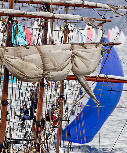Aloft on the tall ship James Craig with the fleet outside the heads of Sydney Harbour, after the start of the Rolex Sydney Hobart 2010, Australia. Photo copyright Carlo Borlenghi, Rolex.