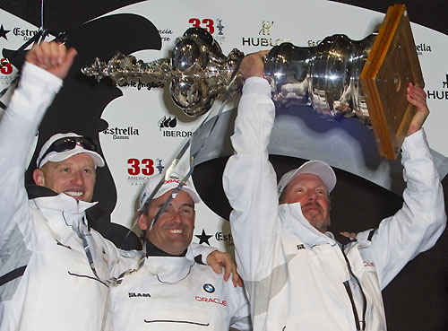 Valencia, Spain, February 14, 2010. James Spithill, Russell Coutts, Larry Ellison win the 33rd America's Cup for the GGYC. Photo copyright Guido Trombetta, Alinghi.