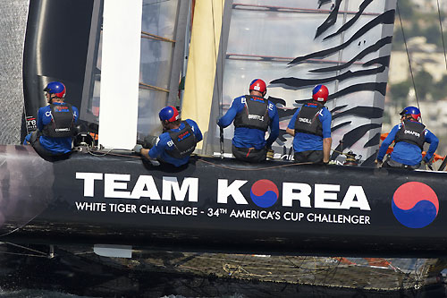Chris Drapper's Team Korea at the America's Cup World Series, Cascais, Portugal, August 6-14, 2011. Photo copyright Morris Adant.