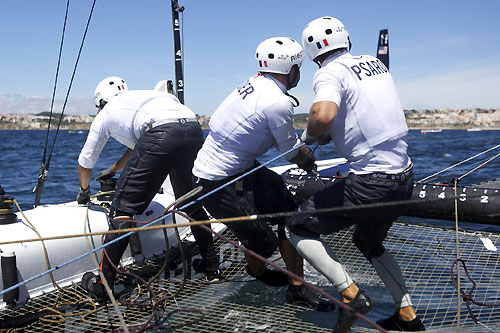 On board Bertrand Pac�s Aleph at the America's Cup World Series, Cascais, Portugal, August 6-14, 2011. Photo copyright Morris Adant.