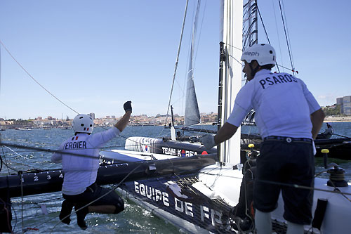 On board Bertrand Pac�s Aleph at the America's Cup World Series, Cascais, Portugal, August 6-14, 2011. Photo copyright Morris Adant.