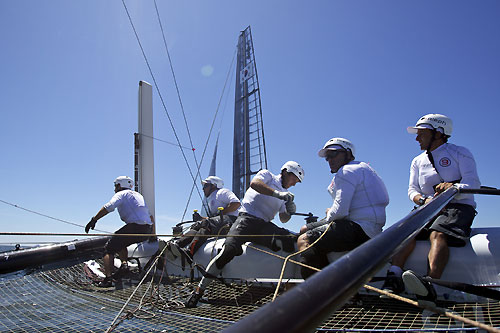 On board Bertrand Pac�s Aleph at the America's Cup World Series, Cascais, Portugal, August 6-14, 2011. Photo copyright Morris Adant.