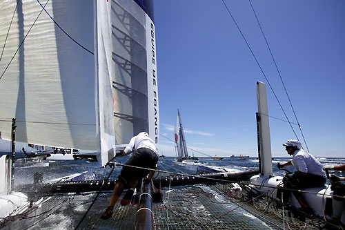 On board Bertrand Pac�s Aleph at the America's Cup World Series, Cascais, Portugal, August 6-14, 2011. Photo copyright Morris Adant.