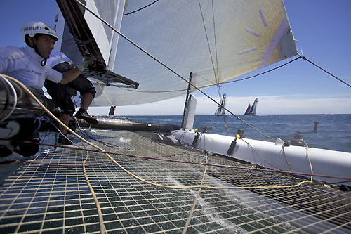 On board Bertrand Pac�s Aleph at the America's Cup World Series, Cascais, Portugal, August 6-14, 2011. Photo copyright Morris Adant.
