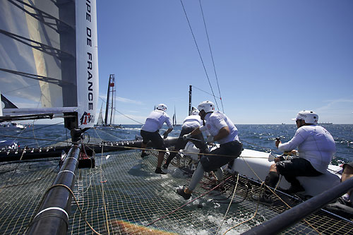 On board Bertrand Pac�s Aleph at the America's Cup World Series, Cascais, Portugal, August 6-14, 2011. Photo copyright Morris Adant.