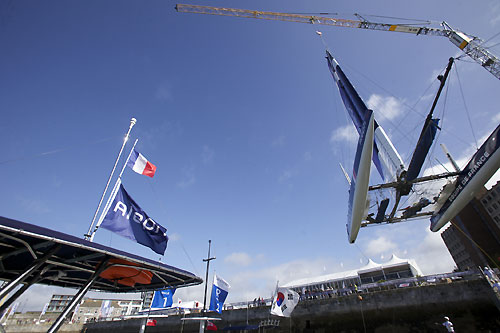 Bertrand Pacé's Aleph being launched at the America's Cup World Series, Plymouth, UK, September 10-18, 2011. Photo copyright Morris Adant.