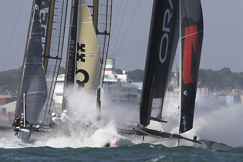Loïck Peyron's Energy Team at the America's Cup World Series, Plymouth, UK, September 10-18, 2011. Photo copyright Morris Adant.