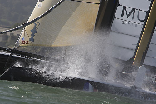Lo�ck Peyron's Energy Team at the America's Cup World Series, Plymouth, UK, September 10-18, 2011. Photo copyright Morris Adant.