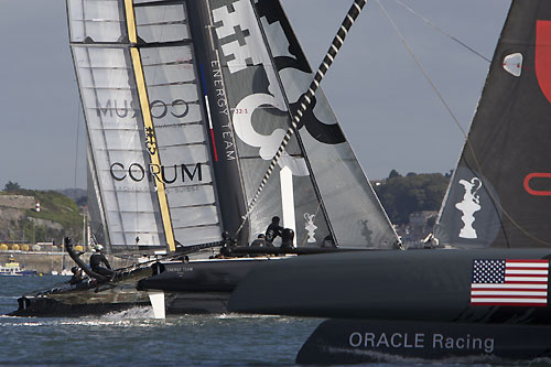 Lo�ck Peyron's Energy Team at the America's Cup World Series, Plymouth, UK, September 10-18, 2011. Photo copyright Morris Adant.
