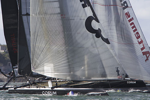 Lo�ck Peyron's Energy Team at the America's Cup World Series, Plymouth, UK, September 10-18, 2011. Photo copyright Morris Adant.